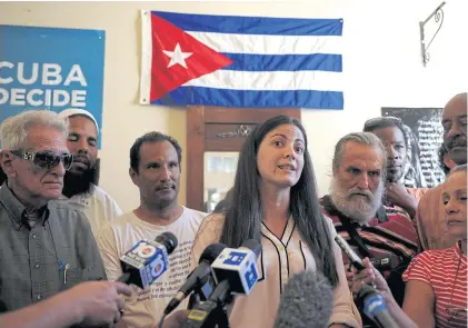  ??  ?? Rosa Maria Paya, daughter of late Cuban dissident Oswaldo Paya, who organised a ceremony to confer a prize named for her father to the head of the Organisati­on of American States, Luis Almagro, at a news conference at her house in Havana on Wednesday.