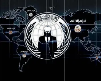  ??  ?? Le logo des Anonymous (visible ci-dessous) détourné dans une image de propagande de Daech.