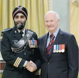  ?? CPL ROXANNE SHEWCHUK ?? Former Vancouver police officer Harjit Singh Sajjan, left, shown with Governor- General David Johnston, and Barjinder Singh Dhahan, right, a successful businessma­n and philanthro­pist, are both expected to vie for the Liberal candidacy in the federal...