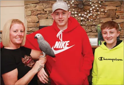  ??  ?? Carolin Travers and her sons, Caellum and Casey, with Coco the parrot at their home in Allenwood Drive.