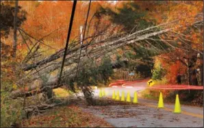  ?? (File Photo/AP/Robert F. Bukaty) ?? A car leaves a trail of light Oct. 31, 2017, as it passes under power lines weighed down by toppled trees in Freeport, Maine.