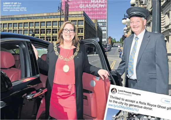  ??  ?? LORDY IT UP Eva Bolander with car – parked on double yellow lines – yesterday. Pic: PA