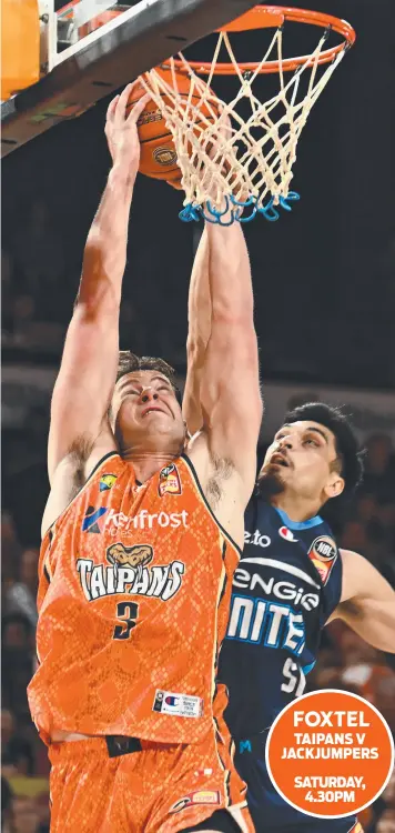  ?? ?? Sam Mennenga goes to the basket against Melbourne United last month. Picture: Emily Barker/Getty