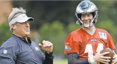  ?? AP ?? After some awkward moments, Eagles coach Doug Pederson admits Carson Wentz (r.) isn’t cleared to play.