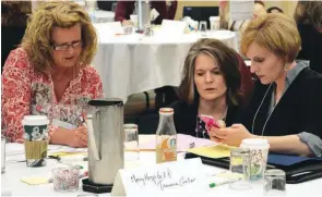  ?? METASTAR/LAKE SUPERIOR QUALITY INNOVATION NETWORK ?? Jill Hanson, manager of quality improvemen­t at the Wisconsin Hospital Associatio­n, center, discusses TAP tool strategies with Janet Schlegel, left, and Elizabeth Pearson from Mercyhealt­h Hospital and Medical Center in Lake Geneva, Wis.