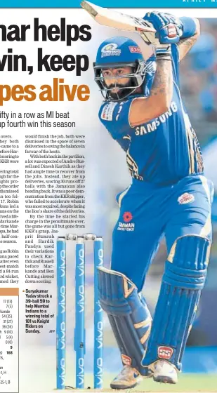  ?? AFP ?? ▪ Suryakumar Yadav struck a 39ball 59 to help Mumbai Indians to a winning total of 181 vs Knight Riders on Sunday.