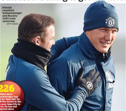  ?? GETTY IMAGES ?? Friends reunited: Schweinste­iger and Rooney (left) train yesterday