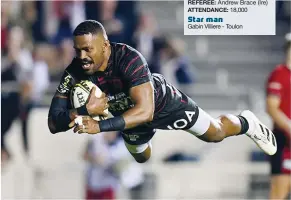 ?? ?? Flyer: Jiuta Wainiqolo dives over to make the game safe for Toulon