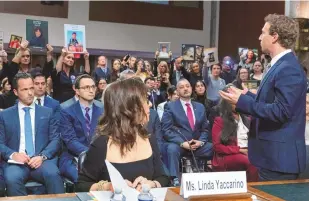  ?? JOSE LUIS MAGANA/ASSOCIATED PRESS ?? Meta CEO Mark Zuckerberg turns to address the audience during a Senate Judiciary Committee hearing on Capitol Hill in Washington on Jan. 31 to discuss child safety. X CEO Linda Yaccarino watches at left.