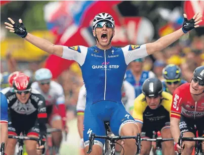  ?? Picture: AP. ?? Marcel Kittel celebrates victory in stage two of the Tour de France in Liege.