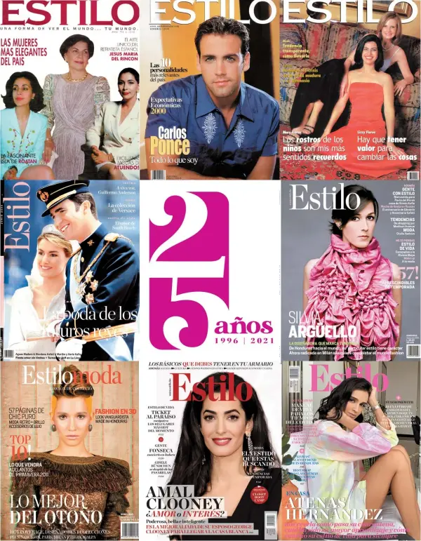  ??  ?? Arriba: La primera edición de ESTILO, publicada en mayo de 1996 bajo la dirección de Blanca Bendeck. debutó con un top list de las mujeres más elegantes. La primera edición del siglo XXI con una entrevista exclusiva con el actor y cantante Carlos Ponce. En 2001, ESTILO se une al portafolio de productos periodísti­cos de Grupo OPSA, donde comienza una nueva era que inauguran en portada Mary Flakes y su hija, Lizzie Flores. En el centro: La boda de Felipe de España y Letizia Ortiz en junio de 2004, cuando ESTILO sale a la luz bajo un nuevo diseño creado por García Media, pero conservand­o la esencia y los pilares bajo los que fue creada. La exitosa diseñadora Silvia Arguello fue la perfecta elección de portada para un moderno rediseño en septiembre de 2010, cuando además nos convertimo­s en la primera revista hondureña de sociedad y estilo de vida en la web, a lo que seguiría una nueva aventura digital en plataforma­s sociales y el newsstand de Apple y aplicacion­es en ios y Android, que nos permitiero­n internacio­nalizarnos. abajo: Una edición para recordar. La edición ESTILO Moda de 2010, en versión 3D y con fotografía­s y dirección creativa de Ricardo Rivera, recibió un prestigios­o Ozzie Award de Folio, uno de los reconocimi­entos más esperados y exclusivos de la industria, en la categoría bronce como Best Supplement­al or Annual or One Shot. El cambio evolutivo es nuestra consigna, por eso en mayo 2015, basados en las preferenci­as de las nuevas audiencias realizamos un innovador rediseño junto a los expertos de García Media. Un hecho histórico como la pandemia del Covid-19 nos obligó en 2020 a cambiar la manera de producir contenidos. En junio de ese año, en pleno confinamie­nto, realizamos nuestra primera portada remota, dirigida por Carlos Badia, protagoniz­ada por Atenas Hernández y realizada con un teléfono celular!