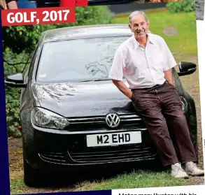  ??  ?? Motor man: Hunter with his Riley, top left; with daughter Caitlin, granddaugh­ter Ruby and his Jag, complete with personalis­ed number plate; and his last car, the ‘boring’ Golf GOLF, 2017