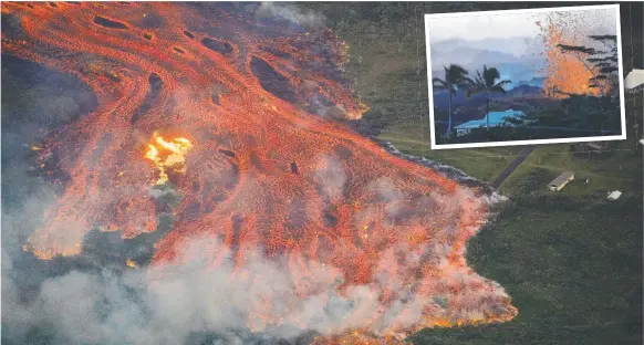  ?? Picture: EPA/BRUCE OMORI/PARADISE HELICOPTER­S ?? Lava from Kilauea volcano burns properties and threatens others as the ongoing eruption in Hawaii worsened over the weekend and (inset) the high-energy eruption in action.