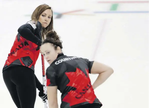  ?? NATACHA PISARENKO/THE ASSOCIATED PRESS ?? Canada’s skip Rachel Homan, left, and Joanne Courtney during the match against Britain on Wednesday.