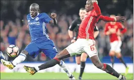  ??  ?? Chelsea's French midfielder N'Golo Kante (L) vies with Manchester United's French midfielder Paul Pogba during the English FA Cup quarter final football match at Stamford Bridge in London.