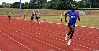  ?? ?? Clockwise from top left, Mia Bates winning the senior women’s 400m; Rupert Rutter, who was runner-up in the U13 boys long jump, competes in the hurdles; Kenneth Muhumuza, who completed the 100/200m double, anchoring the Team Bath sprint team to victory