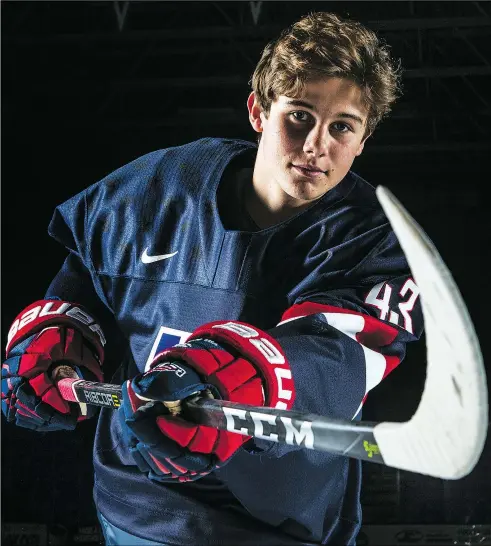  ?? PHOTOS BY RENA LAVERTY/USA HOCKEY’S NTDP ?? Above: Jack Hughes is projected to go first overall in what looks like an American-heavy NHL entry draft next June. Inset: Hughes scores a goal against the Green Bay Gamblers. He enters the month of December leading his team in points with 43 in 22 games. Right: Hughes has a laugh on the bench during a USNTDP U-18 team game versus the Chicago Steel.