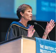  ?? SUPPLIED ?? Sue Paish, CEO of Digital Technology Superclust­er, left, and David Tuccaro, president, CEO and founder of Tuccaro Inc., right, deliver keynote addresses during BCIT’s convocatio­n ceremonies at Willingdon Conference Centre last week.