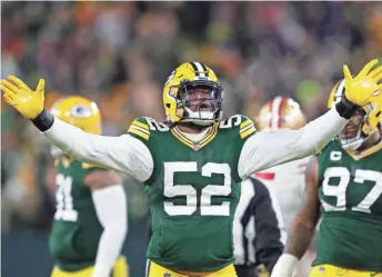  ?? DAN POWERS / USA TODAY ?? Packers outside linebacker Rashan Gary, who had an outstandin­g performanc­e against the 49ers, celebrates a fumble Saturday.