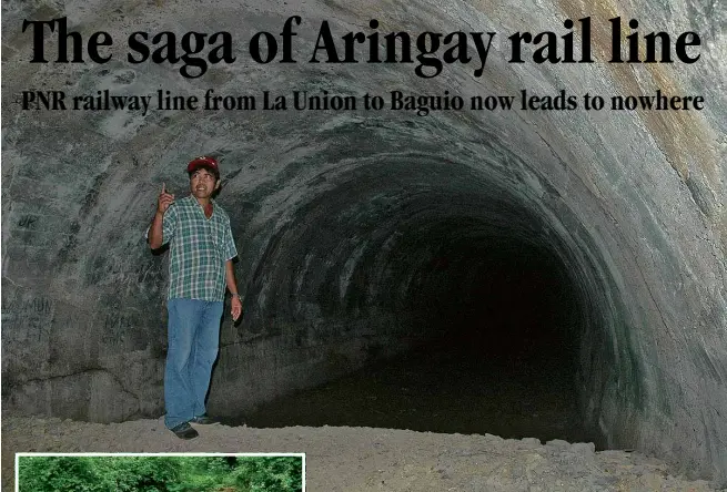  ?? PHOTOS BY RAY ZAMBRANO ?? RAIL TO NOWHERE Nestor Ninnuan (left) says the abandoned tunnel of the railway track that would have run from his hometown of Aringay in La Union to Baguio City has fallen prey to treasure hunters and vandals.