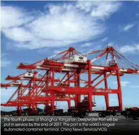  ??  ?? The fourth phase of Shanghai Yangshan Deepwater Port will be put in service by the end of 2017. The port is the world’s largest automated container terminal. China News Service/vcg