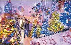  ?? FOTO: DPA ?? Mehr Weihnachte­n geht nicht: Das Ehepaar Jeromin inmitten seiner geschmückt­en Kunsttanne­n.