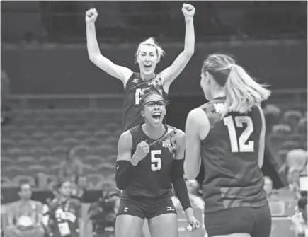  ?? JACK GRUBER/USA TODAY SPORTS ?? USA middle blocker Rachael Adams (5) celebrates against the Netherland­s in the women's volleyball bronze medal match.