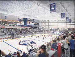 ?? Associated Press ?? Artists’ renderings of the new hockey arenas for UConn, left, and Sacred Heart.