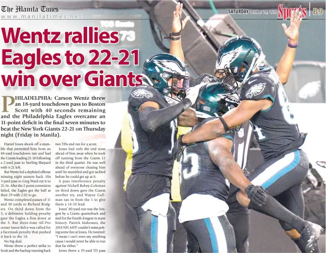  ?? AP PHOTO ?? Philadelph­ia Eagles players celebrate after a touchdown by Boston Scott during the second half of an NFL football game against the New York Giants on Oct. 22, 2020 (October 23 in Manila) in Philadelph­ia.