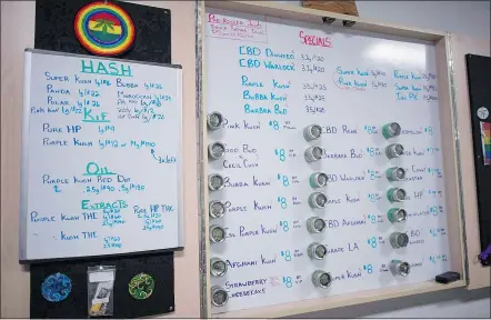  ?? — THE CANADIAN PRESS FILES ?? A board shows products for sale at a medical marijuana dispensary in Vancouver. A public hearing opened Wednesday into a city plan to regulate medical marijuana dispensari­es.