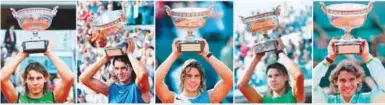  ??  ?? A combinatio­n of pictures show Spain’s Rafael Nadal posing with the Muskeeters trophy during his 10 victories in the men’s French Open at Roland Garros. (From top left to bottom right): Nadal poses with his trophy on June 5, 2005; on June 11, 2006; on...