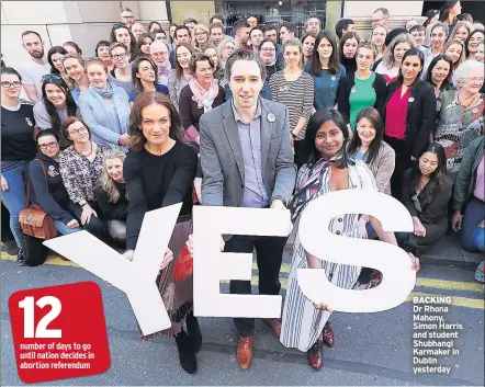  ??  ?? BACKING Dr Rhona Mahony, Simon Harris and student Shubhangi Karmaker in Dublin yesterday