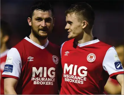  ?? Picture: Sportsfile ?? Tenure native Thomas Byrne (right) scored one of the goals for St Patrick’s Athletic in their thrilling 5-2 victory over Derry City on Friday and he is pictured celebratin­g at the final whistle with another former Drogheda United star, Ryan Brennan.