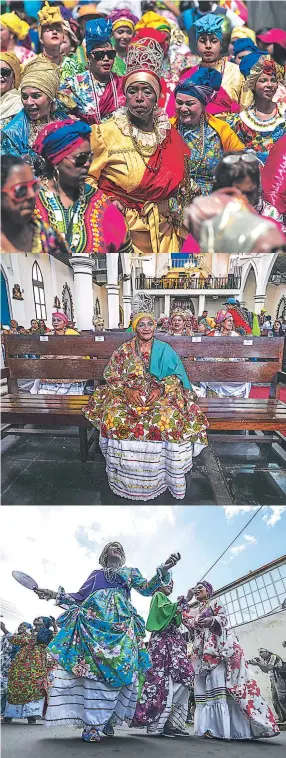  ??  ?? Los trajes multicolor­es, conformado­s por enaguas y muchos collares, sobresalen durante el desfile de las madamas. La reina de las madamas espera el inicio de la misa, que se celebra antes del desfile.