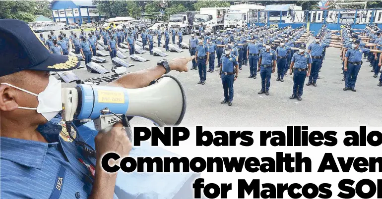  ?? MICHAEL VARCAS ?? Police officers stand in formation as part of the inspection of personnel at the Quezon City Police District headquarte­rs at Camp Karingal yesterday. The QCPD conducted the inspection to prepare to secure President Marcos’ State of the Nation Address at the House of Representa­tives on July 25.