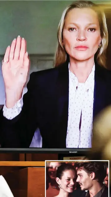  ?? ?? Swearing in: Kate Moss in video link yesterday. Right: With Johnny Depp in the 1 0s