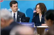  ?? JACQUELYN MARTIN/ASSOCIATED PRESS ?? Vice President Kamala Harris, right, next to Transporta­tion Secretary Pete Buttigieg, speaks during a plenary session of the US-ASEAN Summit, Friday, May 13, 2022, at the State Department in Washington.