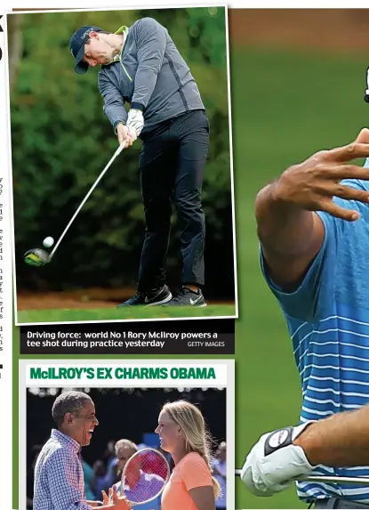  ?? GETTY IMAGES ?? Driving force: world No 1 Rory McIlroy powers a tee shot during practice yesterday
Smiles better: Tiger Woods looks happy to back at Augusta as he greets his old friend Mark O’Meara with a hug on the practice range