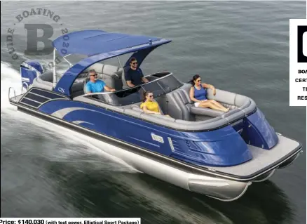  ??  ?? Price: $140,030 (with test power, Elliptical Sport Package)
SPECS: LOA: 27'3" BEAM: 8'6" DRAFT (MAX): 2'9" DRY WEIGHT: 4,154 lb. SEAT/WEIGHT CAPACITY: 15/2,142 lb. FUEL CAPACITY: 50 gal.
HOW WE TESTED: ENGINE: Yamaha 350 DRIVE/PROP: Outboard/Yamaha Saltwater Series XL 161/4" x 15" 3-blade stainless steel GEAR RATIO: 1.73:1 FUEL LOAD: 45 gal. CREW WEIGHT: 360 lb.
