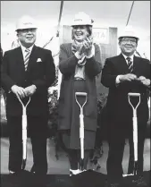  ?? TOYOTA/TNS ?? From left, Eiji Toyoda, Gov. Martha Layne Collins and Shoichiro Toyoda break ground for Toyota Motor Manufactur­ing Kentucky in Georgetown, Ky. in 1986.