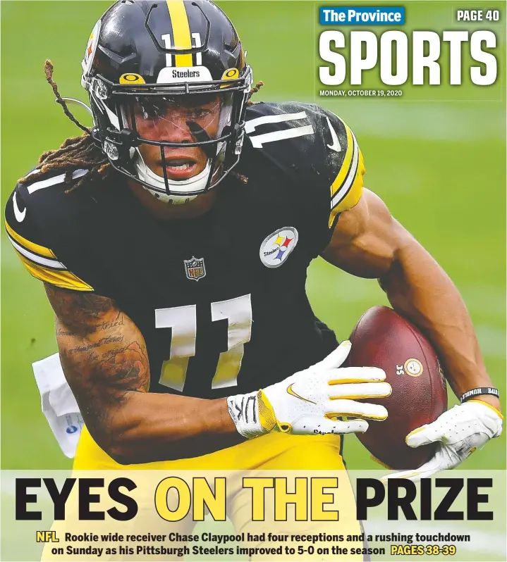  ?? — GETTY IMAGES ?? Chase Claypool of the Pittsburgh Steelers runs for a three-yard touchdown against the Cleveland Browns at Heinz Field on Sunday in Pittsburgh, Pa.