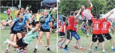  ?? FOTOS: HELMUT BUCHER ?? Im Finale der ersten Handball Open in Fridingen standen sich die Damen der HSG Fridingen/Mühlheim und die SpVgg Mössingen gegenüber. Das Endspiel entschied die Donautal-HSG 10:7 für sich. Patricia Rebholz (am Ball) war ein Aktivposte­n bei den...