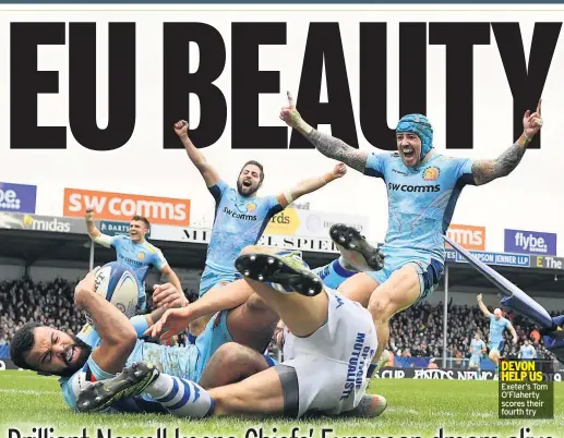  ??  ?? DEVON HELP US Exeter’s Tom O’Flaherty scores their fourth try