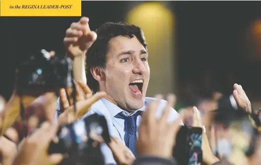  ?? DON MACKINNON / AFP VIA GETTY IMAGES ?? Liberal Leader Justin Trudeau speaks at a rally in Vancouver on Sunday before ending his election campaign later in the day in Victoria.