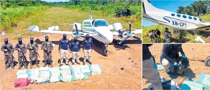  ??  ?? De la avioneta blanca con franjas grises sacaron 568 kilos de cocaína; pero los narcotrafi­cantes lograron llevarse un cargamento con igual cantidad de la aeronave con franjas azules. La Atic inspeccion­ó ayer la zona. La cocaína venía en 21 sacos de mezcal, con franjas de distintos colores. Anoche fue llevada a Tegucigalp­a.