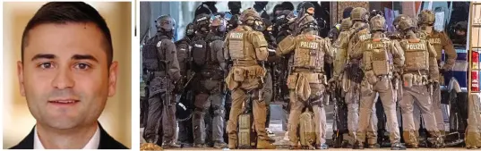  ?? ?? Suspect: Philipp Fusz, 35, and, right, armed police officers gather at the scene of the shooting at the Bible class