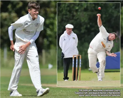  ??  ?? TOP DISPLAYS: Newcastle & Hartshill’s Harry Sapsford, left, and Bagnall Norton’s Rob Bennett, above, were among the wickets on Saturday.