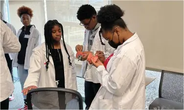  ?? (Special to The Commercial/Chris Carmody/University of
Arkansas for Medical Sciences) ?? Students use dental molds to learn about the proper technique for handling plaque-removal tools Feb. 18 during the Pathways Academy College of Health Profession­s Day at the University of Arkansas for Medical Sciences at Little Rock.