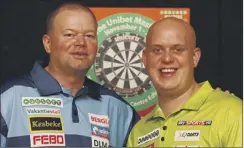  ??  ?? Raymond van Barneveld, left, and Michael van Gerwen clash tonight