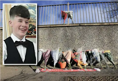  ?? Photo: Gerry Mooney. Inset: Dane Loakman (16) ?? Flowers left at the scene of the tragedy opposite the Castlefen estate on the Clane Road in Sallins.